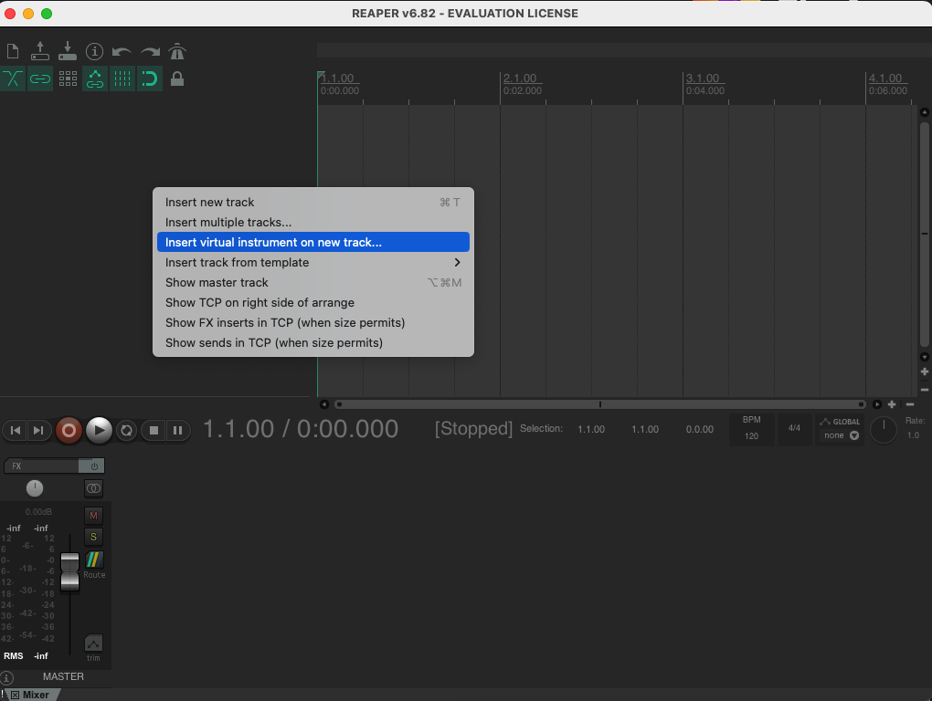 Bild von Reaper, rechte Maustaste gedrückt, "Insert Virtual Instrument on New Track" ausgewählt