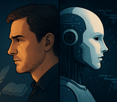 AI generated image of a man and an AI doing things