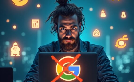 Typ vor Laptop, der aber auf Google verzichtet